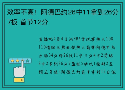 效率不高！阿德巴约26中11拿到26分7板 首节12分